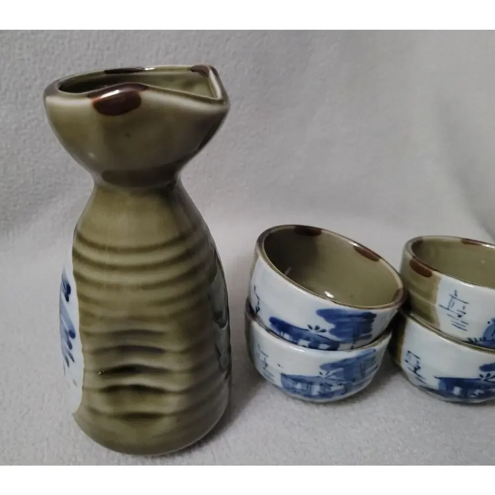 Vtg Set 5 Sake Rice Green Pottery Japanese Drink Cups Pitcher Pinch Pottery